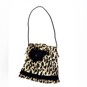 Leopard Print Small Shoulder Bag w/ Black Flower Handmade Upcycled jeans
